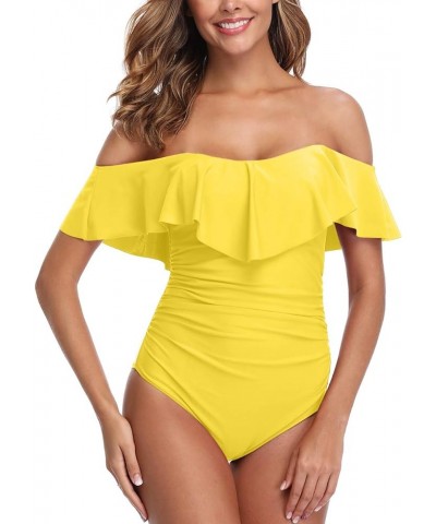 Womens Retro One Piece Bathing Suit Tummy Control Off Shoulder Swimsuits Flounce Ruffled Monokini Yellow Swimsuit $19.07 Swim...