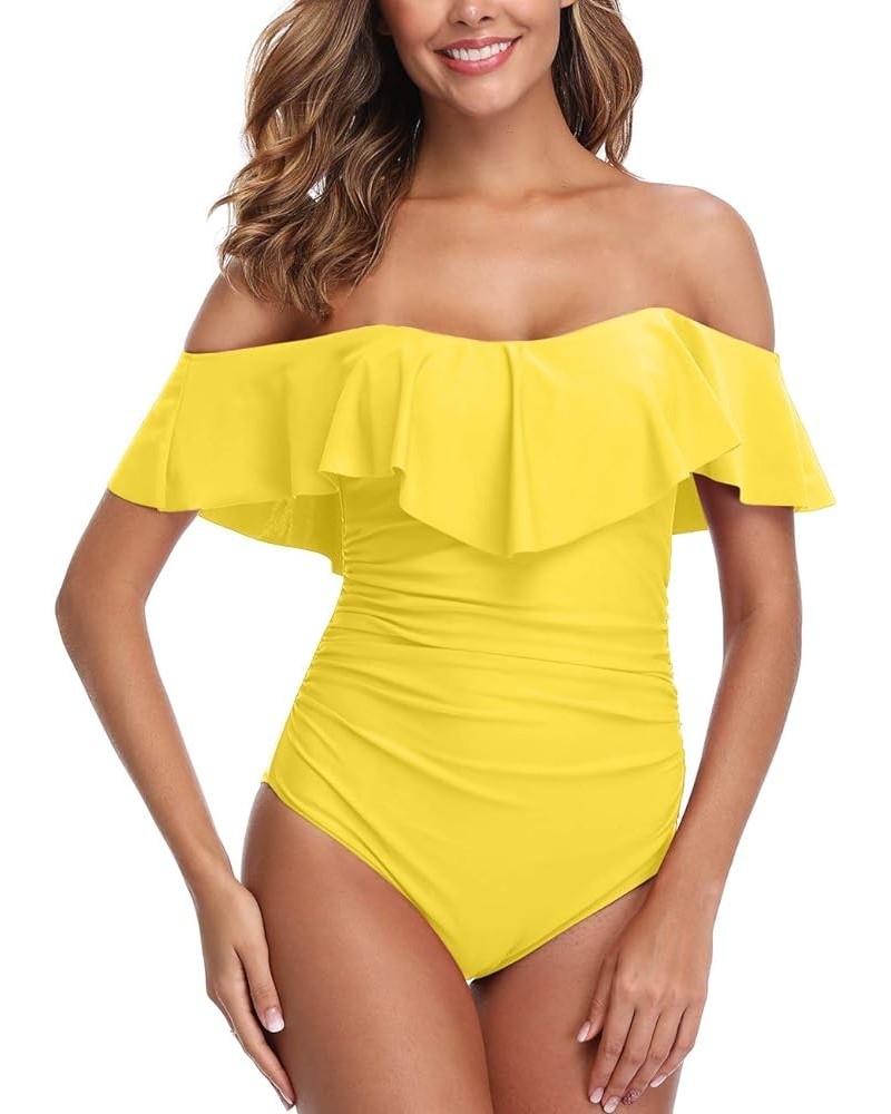 Womens Retro One Piece Bathing Suit Tummy Control Off Shoulder Swimsuits Flounce Ruffled Monokini Yellow Swimsuit $19.07 Swim...