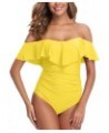 Womens Retro One Piece Bathing Suit Tummy Control Off Shoulder Swimsuits Flounce Ruffled Monokini Yellow Swimsuit $19.07 Swim...