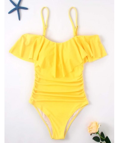 Womens Retro One Piece Bathing Suit Tummy Control Off Shoulder Swimsuits Flounce Ruffled Monokini Yellow Swimsuit $19.07 Swim...