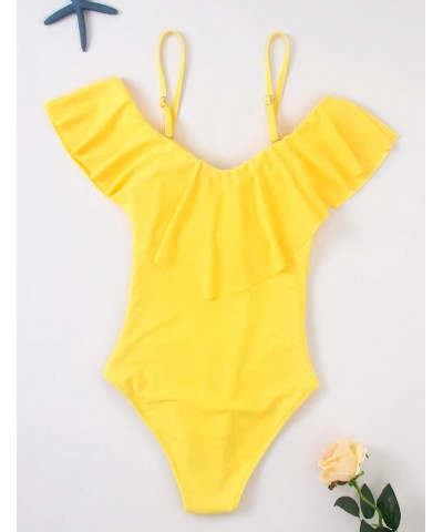 Womens Retro One Piece Bathing Suit Tummy Control Off Shoulder Swimsuits Flounce Ruffled Monokini Yellow Swimsuit $19.07 Swim...