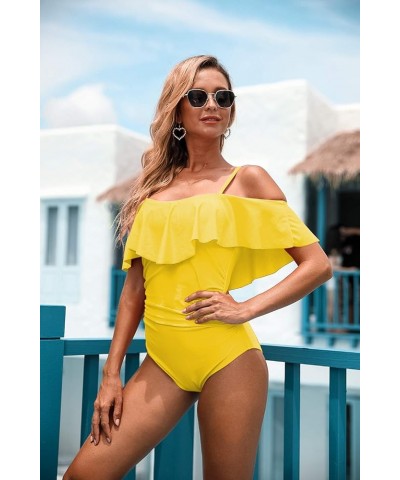 Womens Retro One Piece Bathing Suit Tummy Control Off Shoulder Swimsuits Flounce Ruffled Monokini Yellow Swimsuit $19.07 Swim...