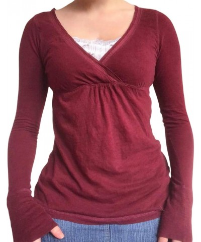 Y2k Women Casual Knitted Henley Shirt Solid 1/2 Button Scoop Neck Long Sleeve Crop Tops Vintage Slim Fit Tee Wine Red 2 $11.9...