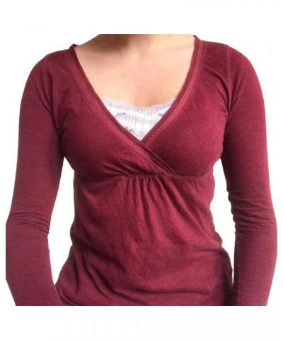 Y2k Women Casual Knitted Henley Shirt Solid 1/2 Button Scoop Neck Long Sleeve Crop Tops Vintage Slim Fit Tee Wine Red 2 $11.9...