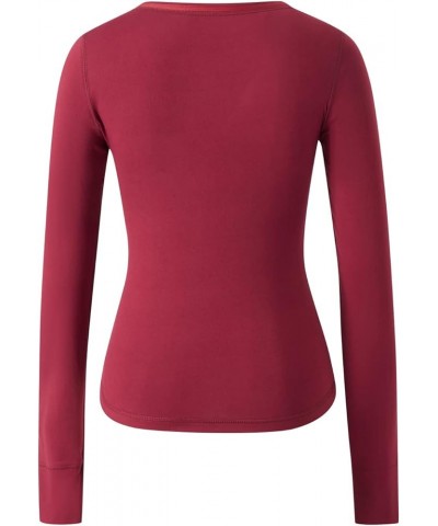 Y2k Women Casual Knitted Henley Shirt Solid 1/2 Button Scoop Neck Long Sleeve Crop Tops Vintage Slim Fit Tee Wine Red 2 $11.9...