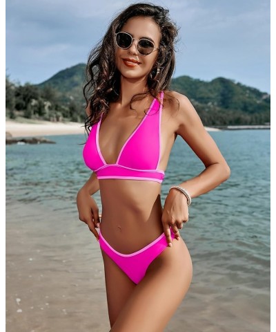 Thong Bikini Set for Women 2 Piece Swimsuit High Cut Bathing Suit Sexy V Neck Triangle Top Cheeky Bottom Color Block Neon Pin...