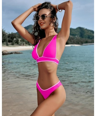 Thong Bikini Set for Women 2 Piece Swimsuit High Cut Bathing Suit Sexy V Neck Triangle Top Cheeky Bottom Color Block Neon Pin...