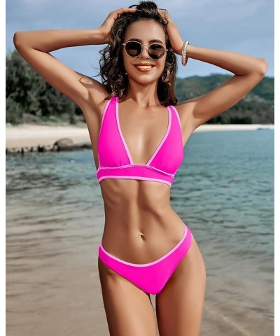 Thong Bikini Set for Women 2 Piece Swimsuit High Cut Bathing Suit Sexy V Neck Triangle Top Cheeky Bottom Color Block Neon Pin...