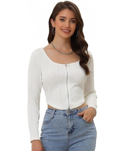 Women's Long Sleeve Corset Crop Top Textured Zip Up Fitted Asymmetrical Hem Tee Shirt White $13.74 T-Shirts