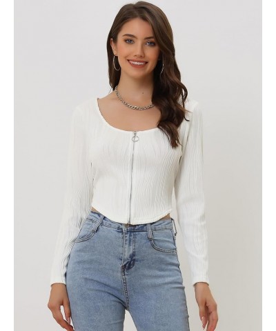 Women's Long Sleeve Corset Crop Top Textured Zip Up Fitted Asymmetrical Hem Tee Shirt White $13.74 T-Shirts