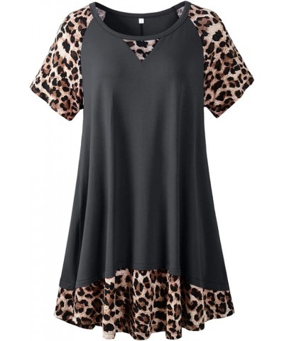 Plus Size Tops for Womens Summer Short Sleeve Tunic Shirts Crew Neck Leopard Color Block Tee Deepgray $14.24 Tops