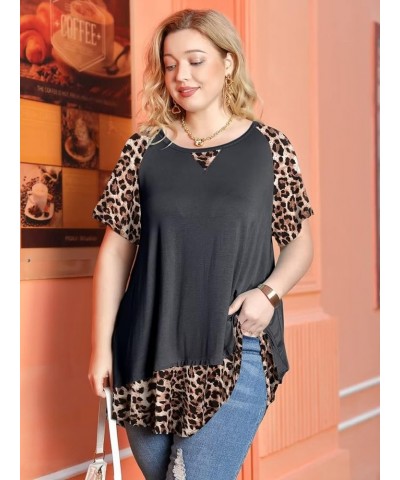 Plus Size Tops for Womens Summer Short Sleeve Tunic Shirts Crew Neck Leopard Color Block Tee Deepgray $14.24 Tops