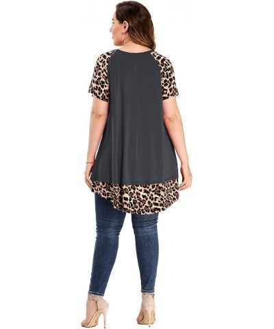 Plus Size Tops for Womens Summer Short Sleeve Tunic Shirts Crew Neck Leopard Color Block Tee Deepgray $14.24 Tops