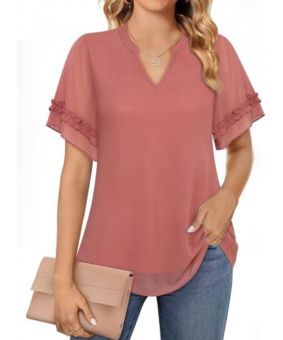 Women's Chiffon Blouses Ruffle Short Sleeve Dressy Tunic Tops Layered Work Shirts Pink Blossom $17.40 Blouses