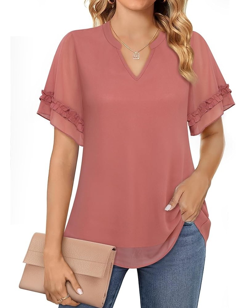 Women's Chiffon Blouses Ruffle Short Sleeve Dressy Tunic Tops Layered Work Shirts Pink Blossom $17.40 Blouses