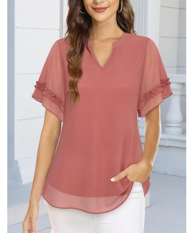 Women's Chiffon Blouses Ruffle Short Sleeve Dressy Tunic Tops Layered Work Shirts Pink Blossom $17.40 Blouses