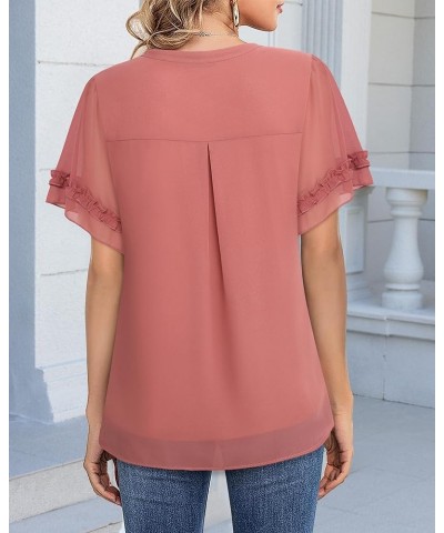 Women's Chiffon Blouses Ruffle Short Sleeve Dressy Tunic Tops Layered Work Shirts Pink Blossom $17.40 Blouses