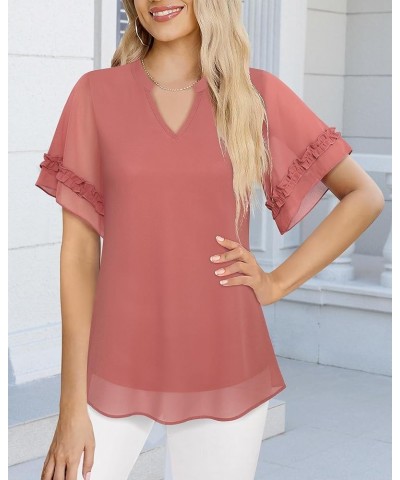 Women's Chiffon Blouses Ruffle Short Sleeve Dressy Tunic Tops Layered Work Shirts Pink Blossom $17.40 Blouses