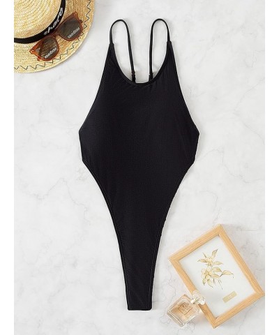 Women's Backless High Cut One Piece Swimsuit Spaghetti Strap Bathing Suit Black $12.68 Swimsuits