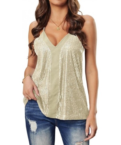 Women's Sparkly Glitter Sequin Strappy V Neck Sleeveless Cocktail Tank Cami Top Blouse Champagne $23.51 Tanks