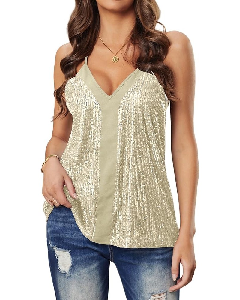 Women's Sparkly Glitter Sequin Strappy V Neck Sleeveless Cocktail Tank Cami Top Blouse Champagne $23.51 Tanks