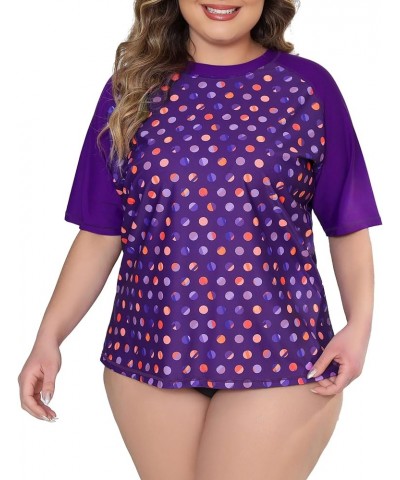 Women Plus Sun Swim Shirt Swimwear Loose Fit Short Sleeve Rash Guard Purple Polka Dot $15.05 Swimsuits