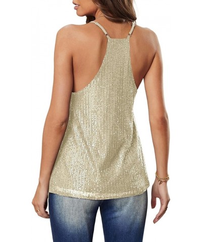 Women's Sparkly Glitter Sequin Strappy V Neck Sleeveless Cocktail Tank Cami Top Blouse Champagne $23.51 Tanks