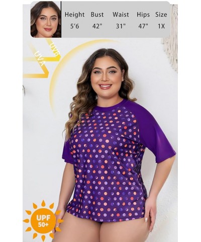 Women Plus Sun Swim Shirt Swimwear Loose Fit Short Sleeve Rash Guard Purple Polka Dot $15.05 Swimsuits