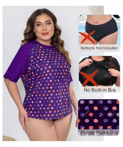 Women Plus Sun Swim Shirt Swimwear Loose Fit Short Sleeve Rash Guard Purple Polka Dot $15.05 Swimsuits