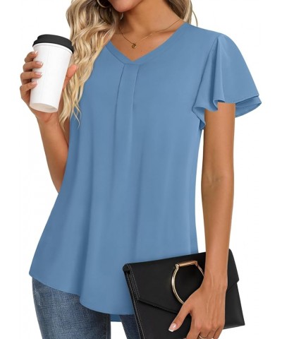 2024 Women's Summer Tunic Tops Short Sleeve Dressy Chiffon Blouses Casual Tshirt for Leggings Blue $17.04 Tops