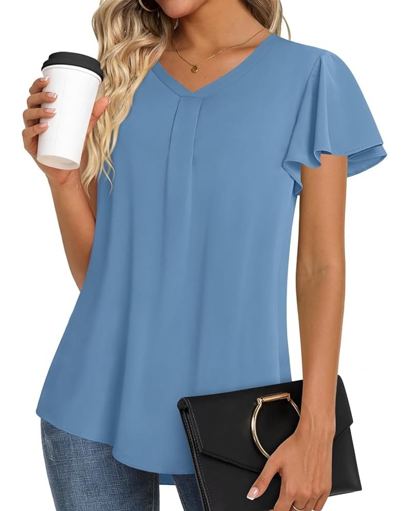 2024 Women's Summer Tunic Tops Short Sleeve Dressy Chiffon Blouses Casual Tshirt for Leggings Blue $17.04 Tops