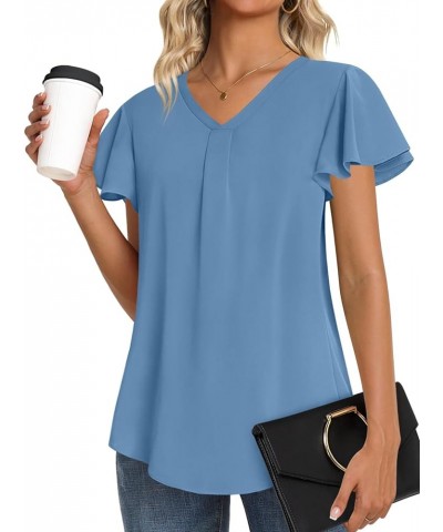 2024 Women's Summer Tunic Tops Short Sleeve Dressy Chiffon Blouses Casual Tshirt for Leggings Blue $17.04 Tops