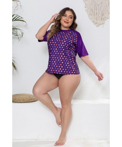 Women Plus Sun Swim Shirt Swimwear Loose Fit Short Sleeve Rash Guard Purple Polka Dot $15.05 Swimsuits