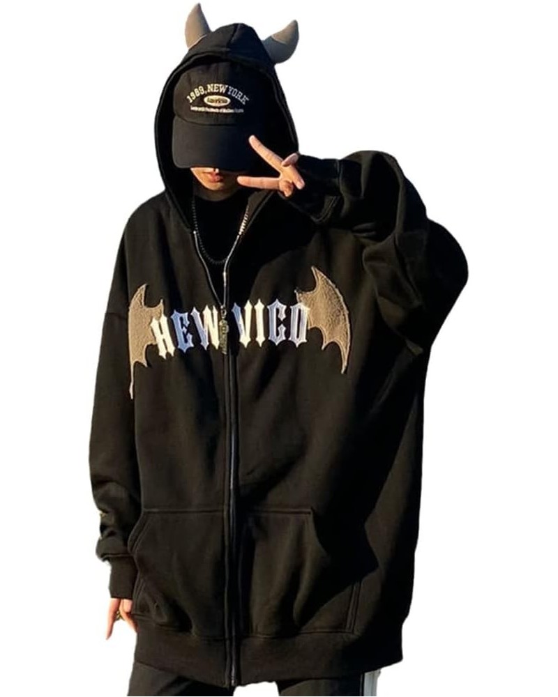 Women Gothic Devil Horn Hoodie Y2k Oversized Vintage Zip Up Hooded Sweatshirt Harajuku Pullover Jacket Black Thicken $17.04 H...