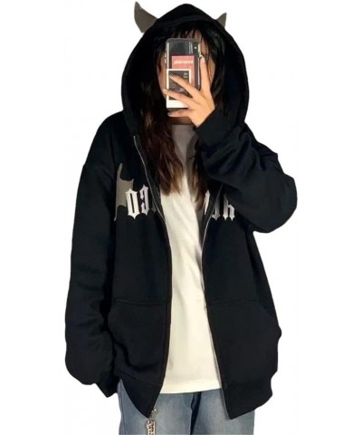 Women Gothic Devil Horn Hoodie Y2k Oversized Vintage Zip Up Hooded Sweatshirt Harajuku Pullover Jacket Black Thicken $17.04 H...