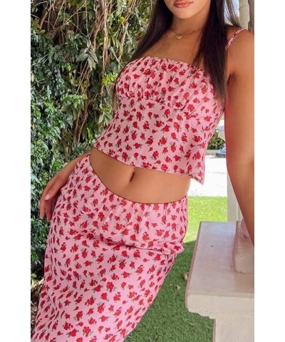 Floral Print Two Piece Skirt Sets Straps Crop Top and Split Midi Skirt Suit Slim Elegant 2Pcs Beach Holiday Outfits Pink 5 $1...