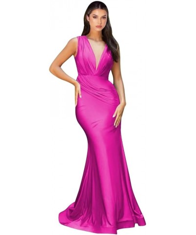 Satin Bridesmaid Dresses Mermaid V Neck Formal Dresses Ruched Wedding Evening Gowns Fuchsia $34.83 Dresses