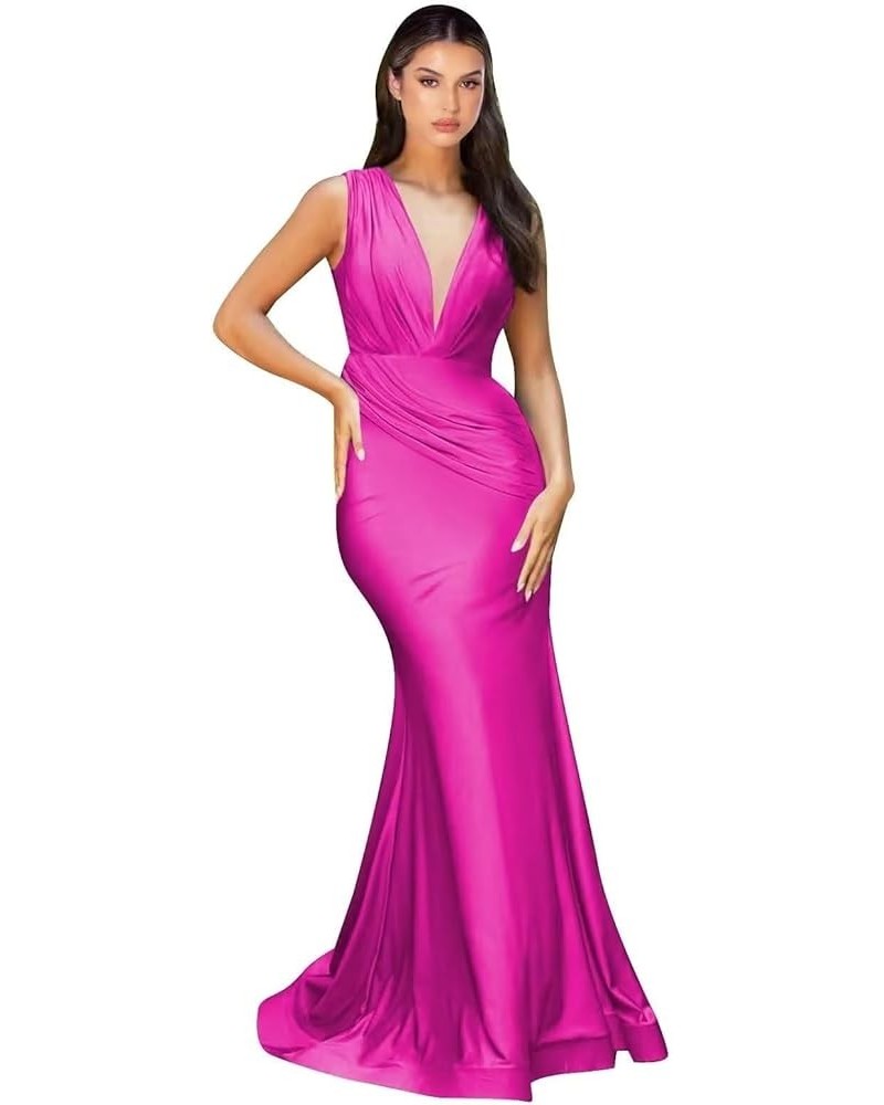 Satin Bridesmaid Dresses Mermaid V Neck Formal Dresses Ruched Wedding Evening Gowns Fuchsia $34.83 Dresses