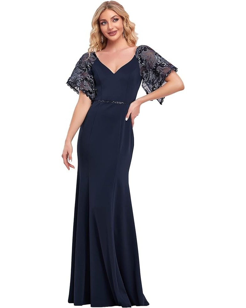 Women's Deep V-Neck Fishtail Maxi Dress Long Wedding Guest Dress 0550 Navy Blue $35.28 Dresses