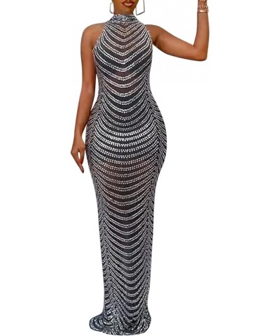 Women's Sexy Elegant Rhinestone Party Club Outfit Mesh See Through Bodycon Maxi Dress Black 5259 $30.77 Dresses