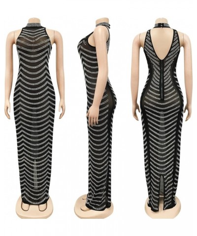 Women's Sexy Elegant Rhinestone Party Club Outfit Mesh See Through Bodycon Maxi Dress Black 5259 $30.77 Dresses