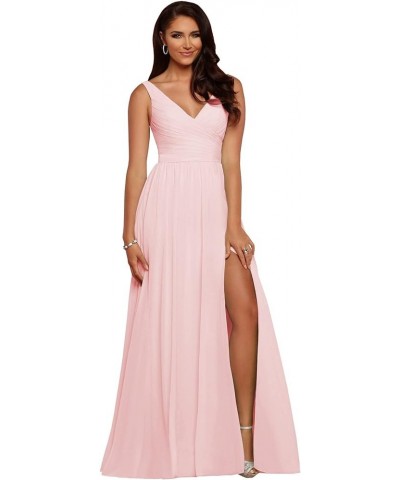 Women's V Neck Bridesmaid Dresses with Slit Chiffon Pleated Formal Evening Party Dress Blush Pink $28.00 Dresses