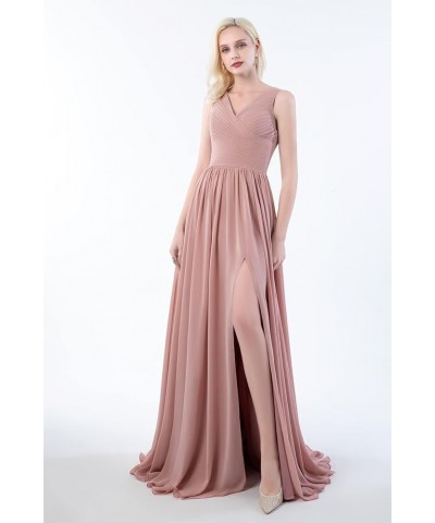 Women's V Neck Bridesmaid Dresses with Slit Chiffon Pleated Formal Evening Party Dress Blush Pink $28.00 Dresses