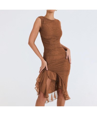 Women Tank Bodycon Ruffle Dress Elegant Sleeveless Backless Sexy Sheer Mesh Midi Party Cocktail Wedding Guest Dress Brown $10...