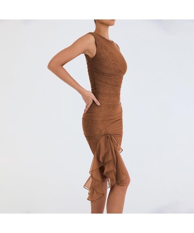 Women Tank Bodycon Ruffle Dress Elegant Sleeveless Backless Sexy Sheer Mesh Midi Party Cocktail Wedding Guest Dress Brown $10...