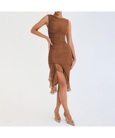 Women Tank Bodycon Ruffle Dress Elegant Sleeveless Backless Sexy Sheer Mesh Midi Party Cocktail Wedding Guest Dress Brown $10...