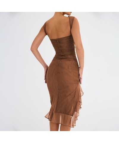 Women Tank Bodycon Ruffle Dress Elegant Sleeveless Backless Sexy Sheer Mesh Midi Party Cocktail Wedding Guest Dress Brown $10...