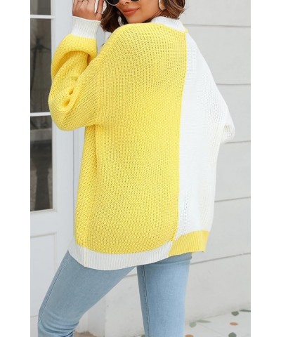 Fall Women's Cardigans Sweater Long Sleeve Cable Knitted Color Block Sweater Cardigans for Women with Pockets Colorblock Yell...