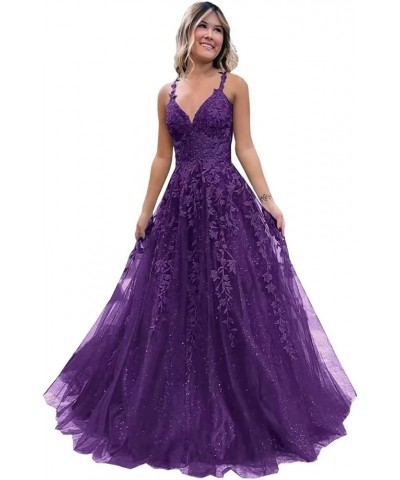 Glitter Tulle Prom Dresses Long 2024 Spaghetti Straps Lace Applique Sparkly Evening Party Gowns with Slit Purple $33.88 Dresses