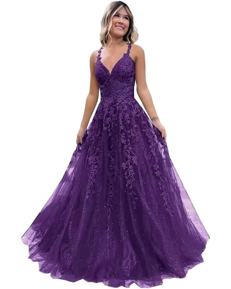 Glitter Tulle Prom Dresses Long 2024 Spaghetti Straps Lace Applique Sparkly Evening Party Gowns with Slit Purple $33.88 Dresses